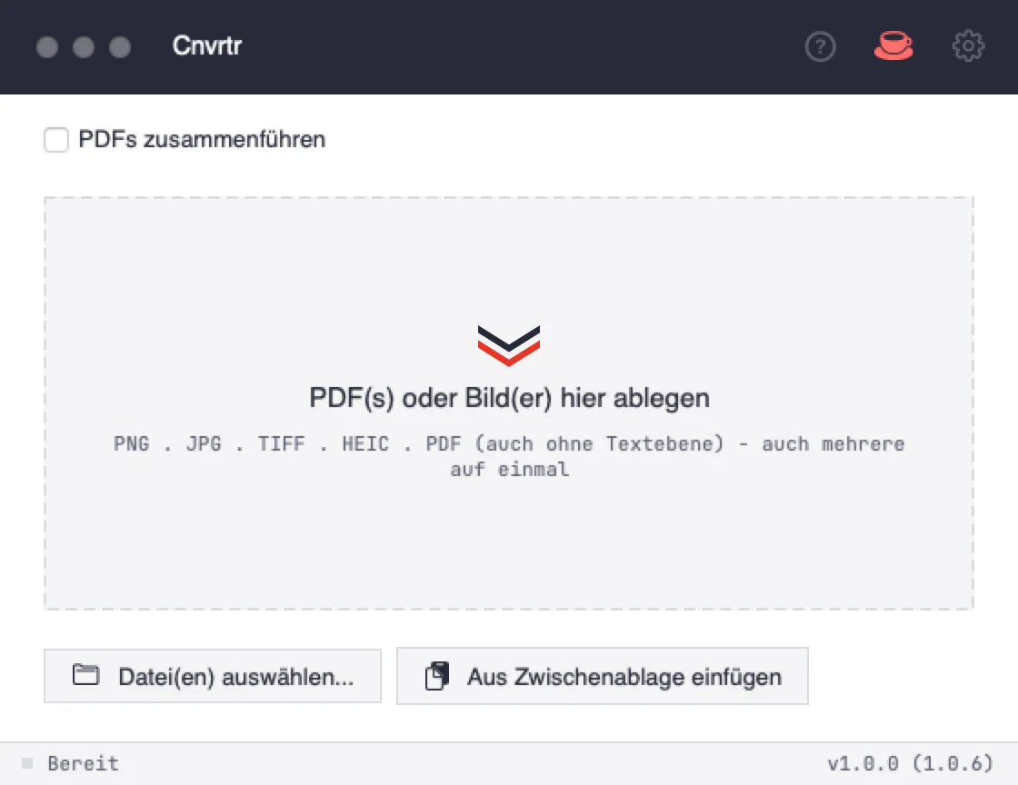 Das Hauptfenster von Cnvrtr mit der Ablagefläche.