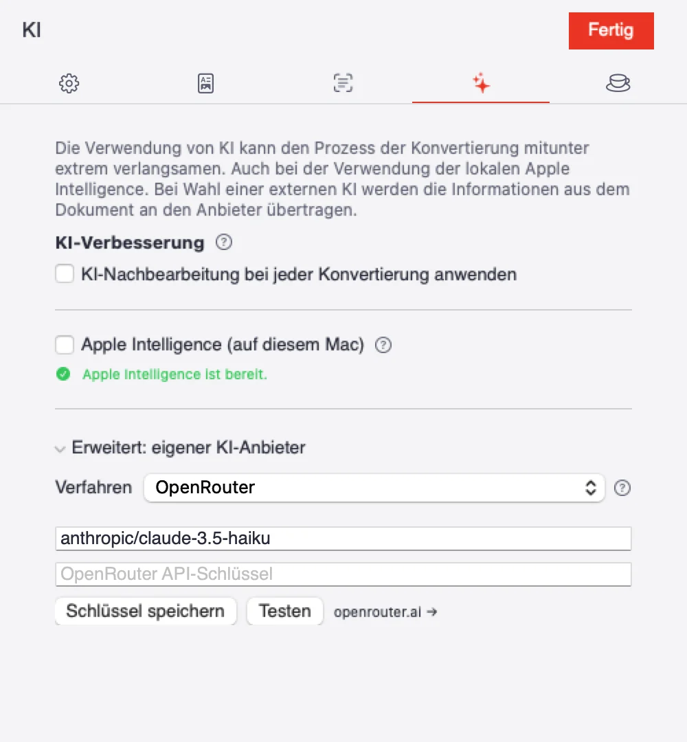 Die Einstellungen im Bereich KI.