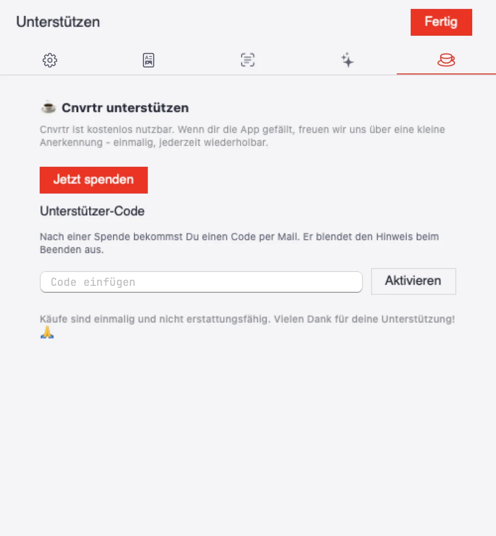 Die Einstellungen im Bereich Unterstützen mit dem Feld für den Code.