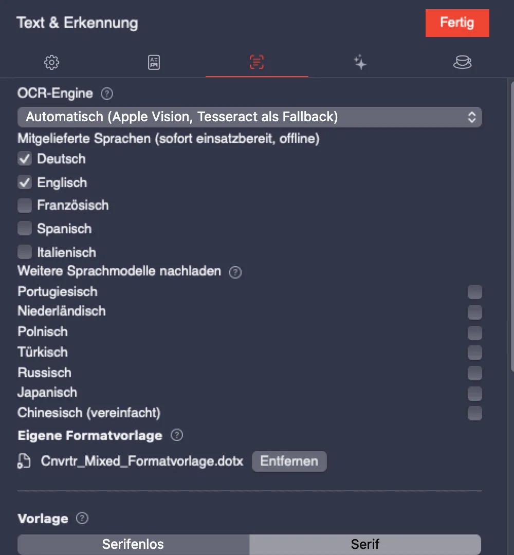 Die Einstellungen im Bereich Text & Erkennung, dunkles Erscheinungsbild.