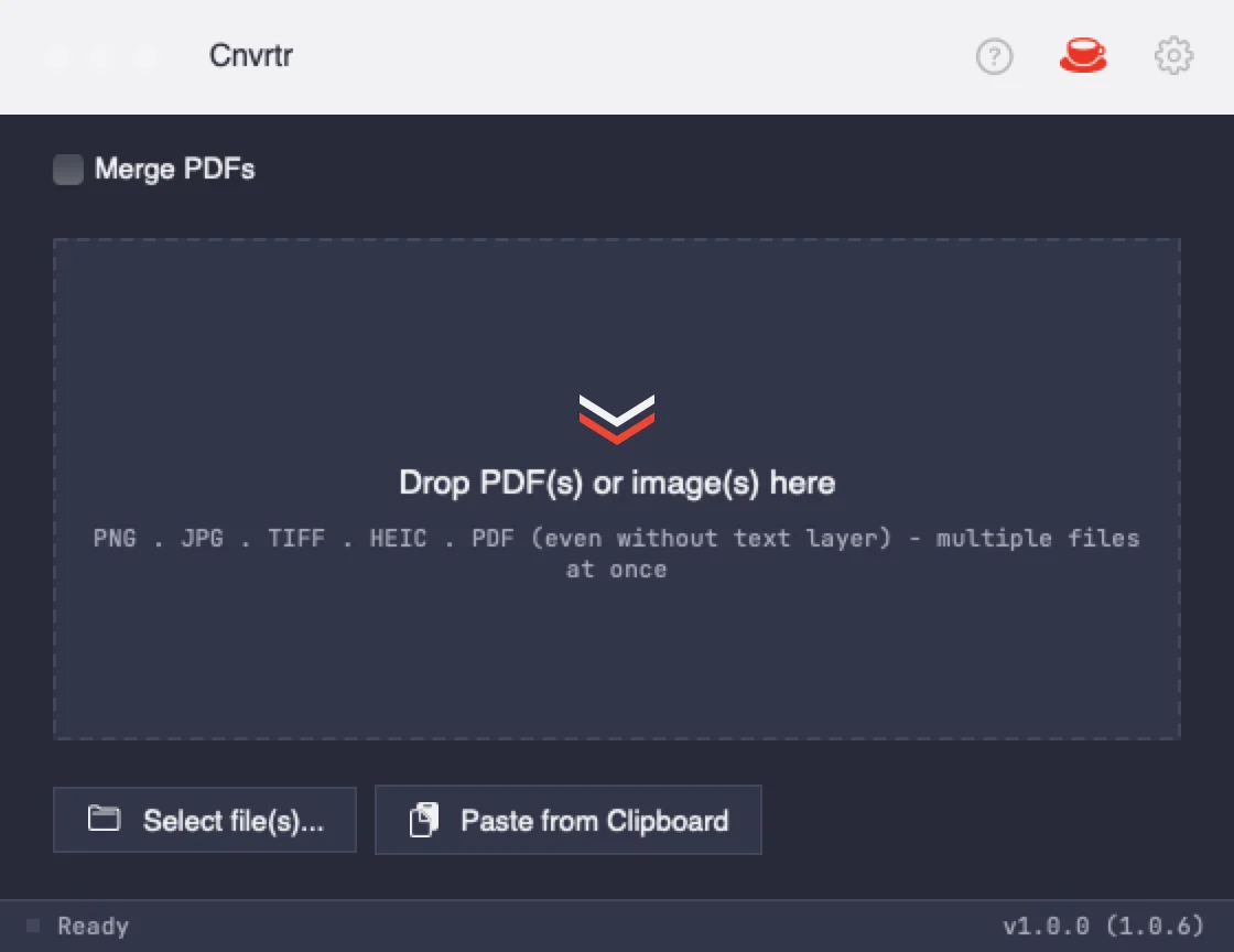 The Cnvrtr main window in dark mode.
