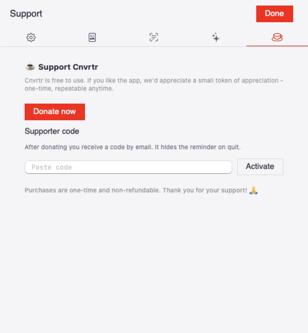 The settings in the Support area with the code field.