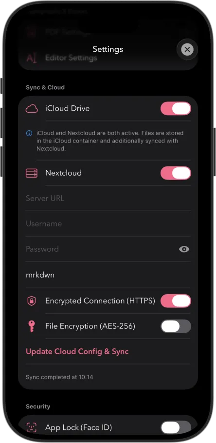 Cloudsync Einstellungen Dark