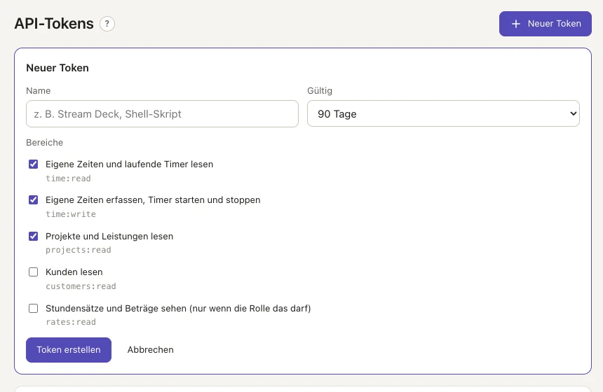 Neuen API-Token anlegen: Name, Gültigkeit und Bereiche.