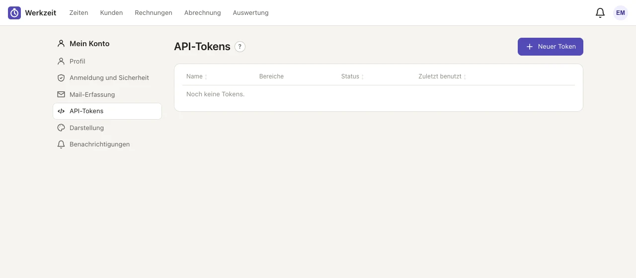 Die Liste der eigenen API-Tokens.