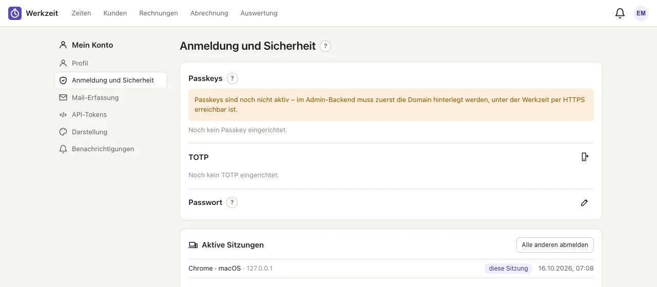 Passkeys, TOTP, Passwort und aktive Sitzungen.