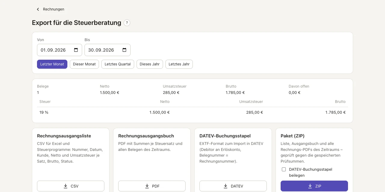 Export für die Steuerberatung: Zeitraum wählen, Summen prüfen, Datei herunterladen.